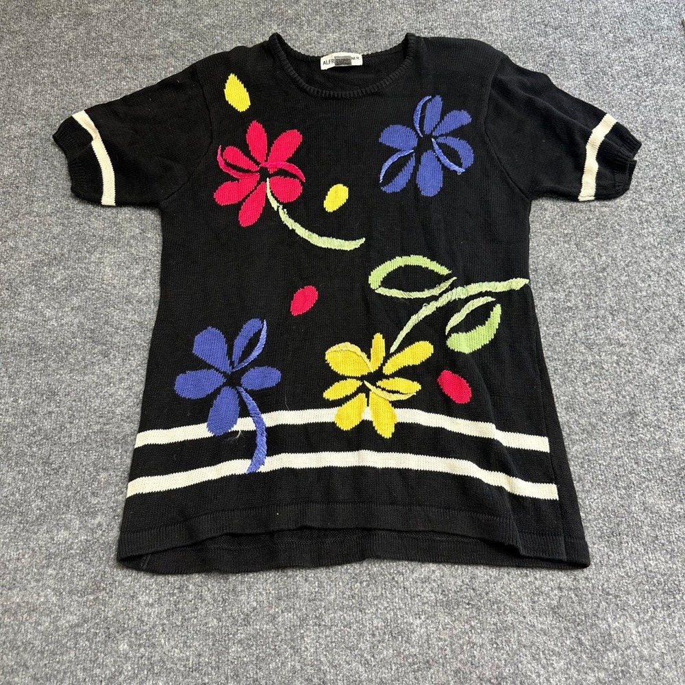Alfred Dunner Sweater Womens Size M Black Floral Knit Ramie Cotton Short Sleeve